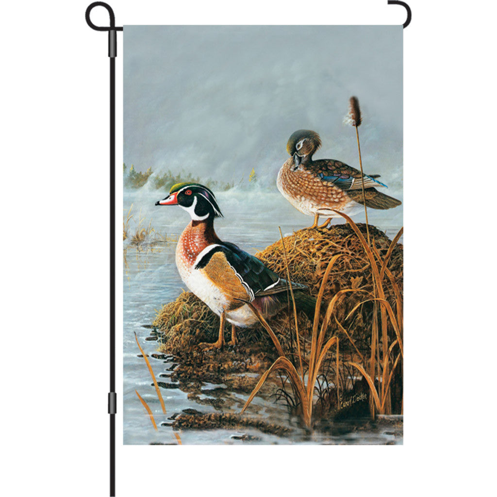 12 in. Winter Snow Bird Garden Flag - Steamy Wood Ducks